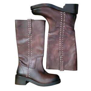 NEW Free People Leather Studded Knee High Riding Boots Womens 8.5 Western Biker